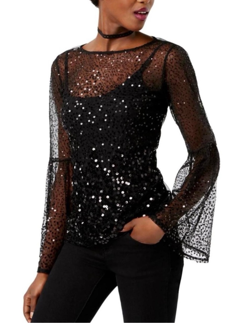 NWT Black Sequin Mesh Bell Sleeve Sheer Top Party Glam Whimsigoth Witchy XXL
